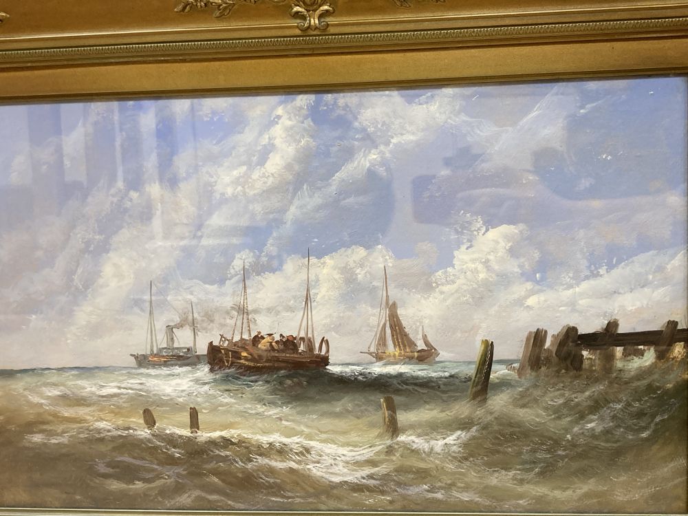 English School (19th century), fishing boats in choppy seas off the coast and companion piece, 32 x 47cm & 29.5 x 49.5cm